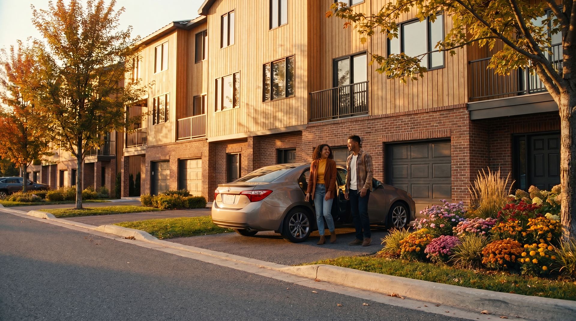 Couple arriving home to townhome driveway in autumn